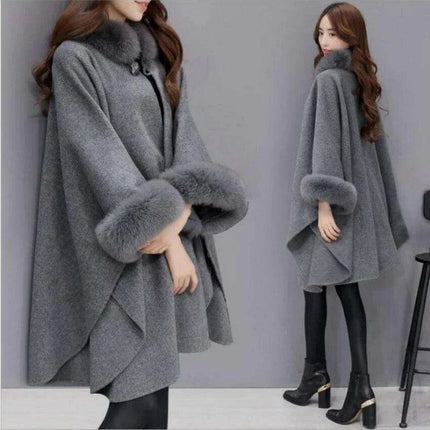 Sophisticated Winter Charm - Opulent Fox Fur Collar Cape Coat for Trendsetting Women - Très Elite