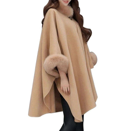 Sophisticated Winter Charm - Opulent Fox Fur Collar Cape Coat for Trendsetting Women - Très Elite