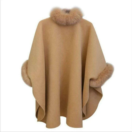 Sophisticated Winter Charm - Opulent Fox Fur Collar Cape Coat for Trendsetting Women - Très Elite