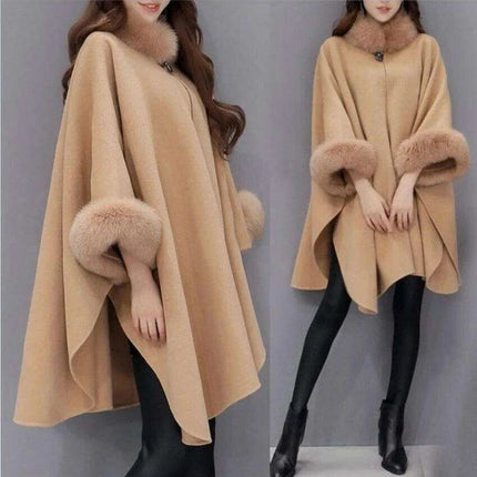 Sophisticated Winter Charm - Opulent Fox Fur Collar Cape Coat for Trendsetting Women - Très Elite
