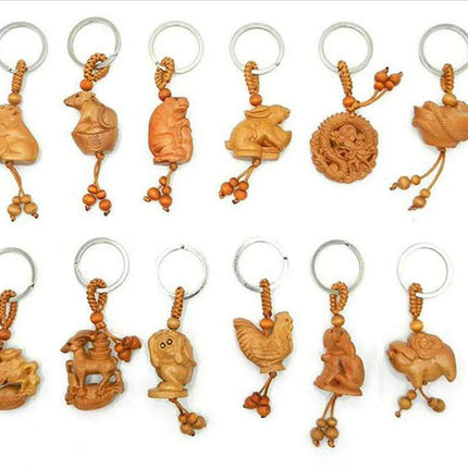 Sophisticated Wooden Keychain Set of the 12 Chinese Zodiac Signs
