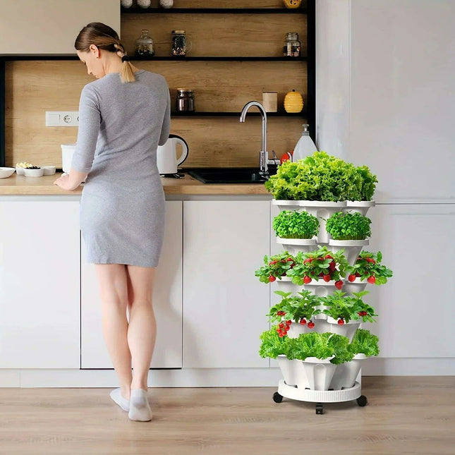 Space-Saving Vertical Herb Tower with Rolling Mobility
