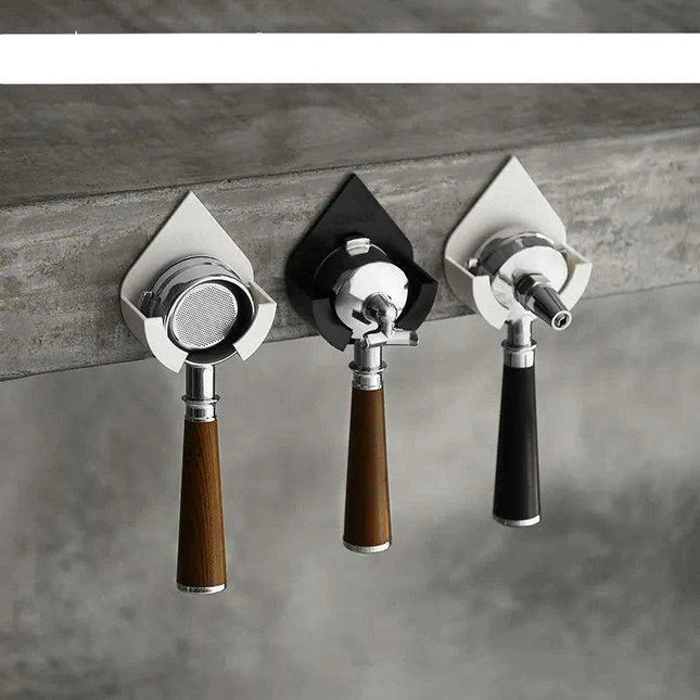 Space-Saving Wall-Mounted Coffee Filter Organizer for Various Portafilter Sizes