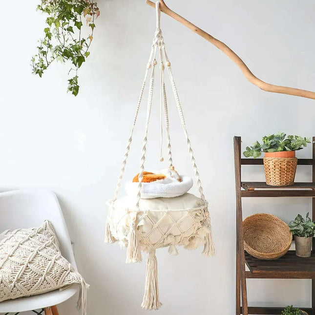 Spacious Macrame Pet Hammock - Stylish Hanging Swing Bed for Cats and Dogs, Cozy Home Accessory, Perfect Gift for Furry Friends