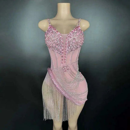 Sparkling Black Rhinestone Mini Dress with Playful Fringe - Très Elite