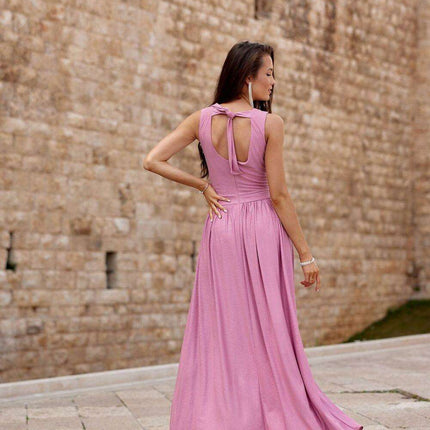 Sparkling Brocade Evening Gown with Elegant V-Neck Design - Très Elite