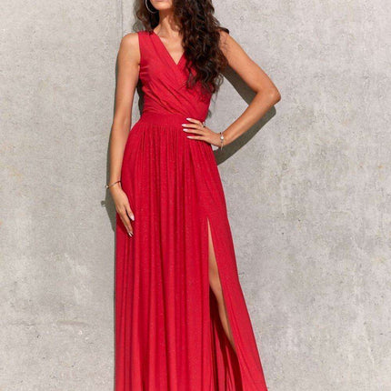 Sparkling Brocade Evening Gown with Elegant V-Neck Design - Très Elite