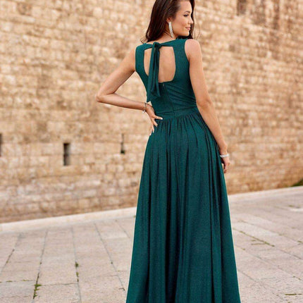 Sparkling Brocade Evening Gown with Elegant V-Neck Design - Très Elite