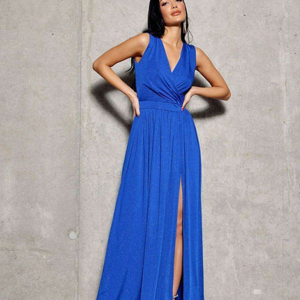 Sparkling Brocade Evening Gown with Elegant V-Neck Design - Très Elite