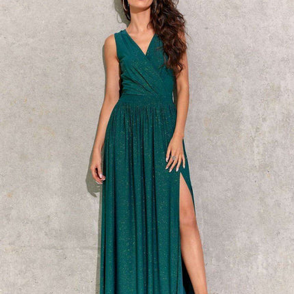 Sparkling Brocade Evening Gown with Elegant V-Neck Design - Très Elite