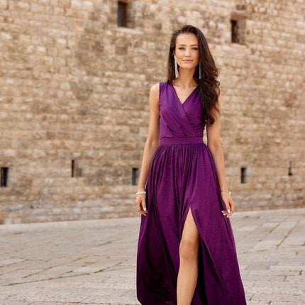 Sparkling Brocade Evening Gown with Elegant V-Neck Design - Très Elite