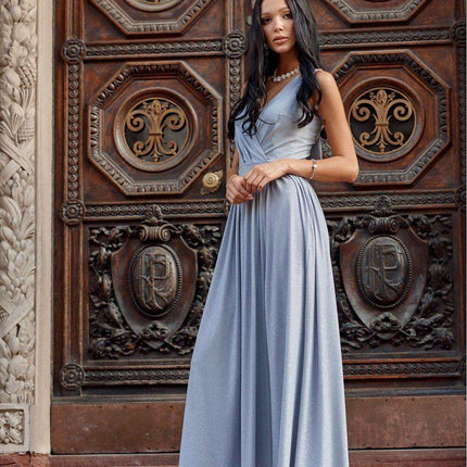 Sparkling Brocade Evening Gown with Elegant V-Neck Design - Très Elite