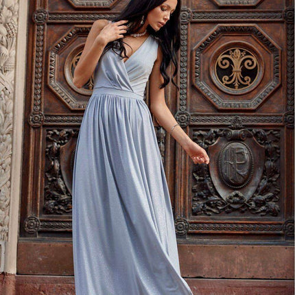 Sparkling Brocade Evening Gown with Elegant V-Neck Design - Très Elite