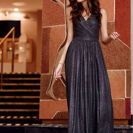 Sparkling Brocade Evening Gown with Elegant V-Neck Design - Très Elite