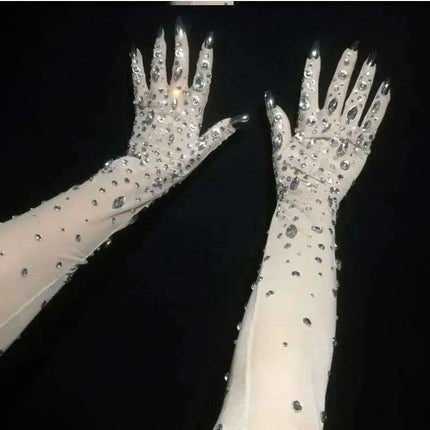 Sparkling Crystal-Studded White Performance Gloves - Très Elite