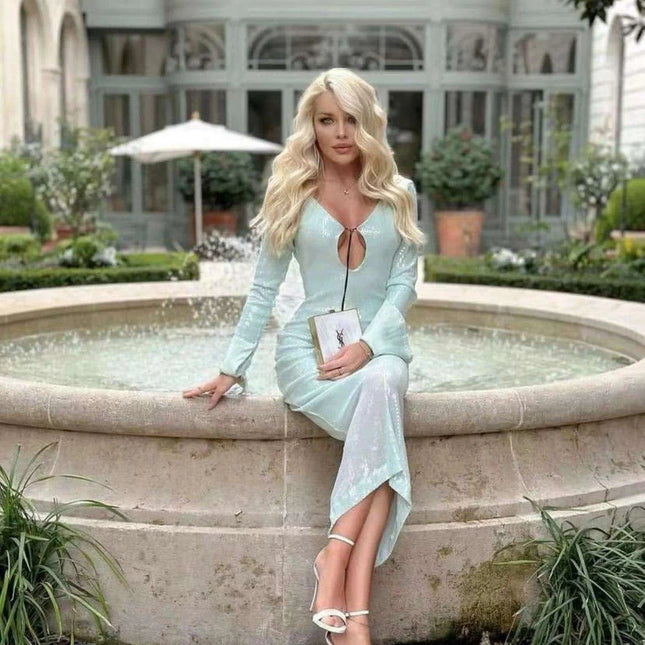 Sparkling Mint Green Long Sleeve Maxi Dress - Elegant Evening Gown for Women