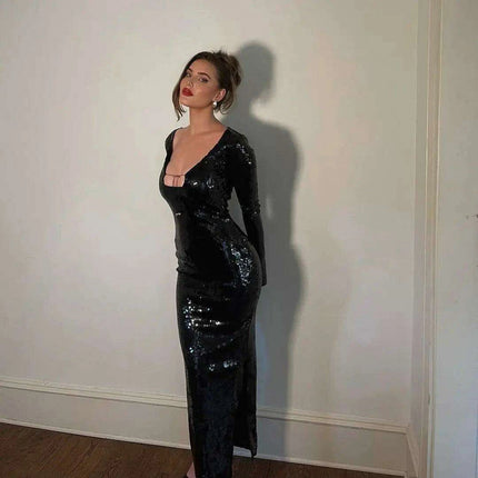 Sparkling Mint Green Long Sleeve Maxi Dress - Elegant Evening Gown for Women - Très Elite