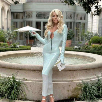 Sparkling Mint Green Long Sleeve Maxi Dress - Elegant Evening Gown for Women - Très Elite