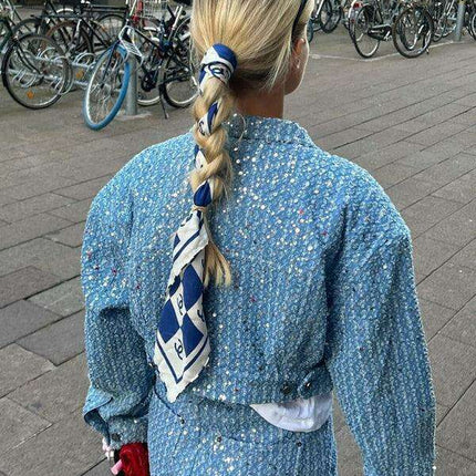 Sparkling Sequin-Embellished Denim Jacket and Shorts Set - Très Elite