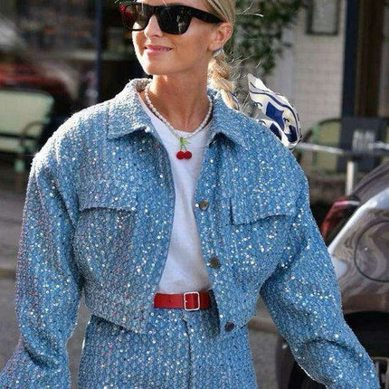 Sparkling Sequin-Embellished Denim Jacket and Shorts Set - Très Elite