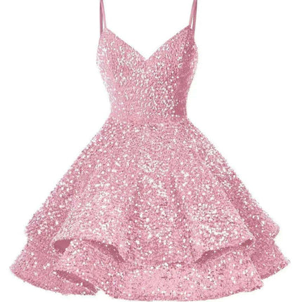 Sparkling Tiered Sequin Spaghetti Strap Short Cocktail Dress for Young Women - Très Elite