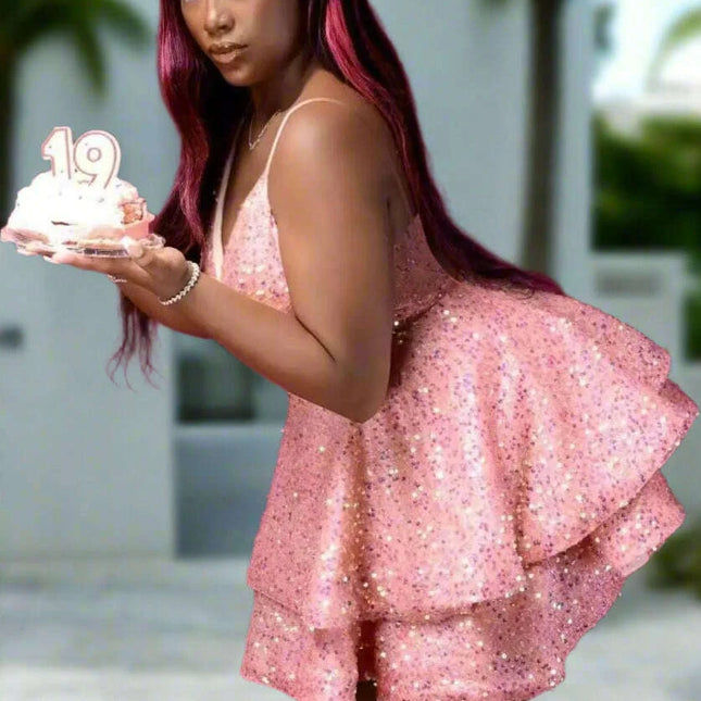 Sparkling Tiered Sequin Spaghetti Strap Short Cocktail Dress for Young Women