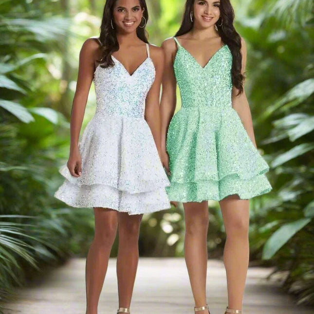 Sparkling Tiered Sequin Spaghetti Strap Short Cocktail Dress for Young Women