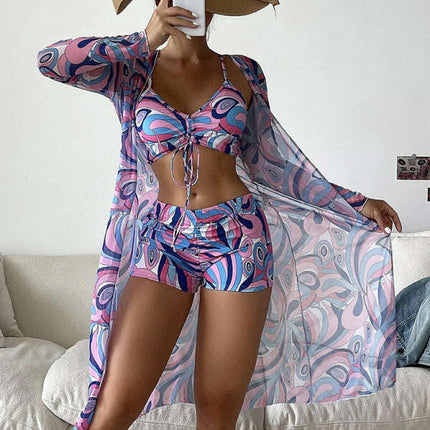 Split three-piece high waist long-sleeved ins blouse drawstring bikini - Très Elite
