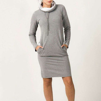Sporty Chic Adjustable Sweatshirt Dress with Pockets and Versatile Neckline - Très Elite