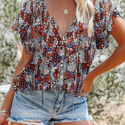 Spring Blossom | Women's Relaxed Fit V-Neck Top with Short Sleeves - Très Elite