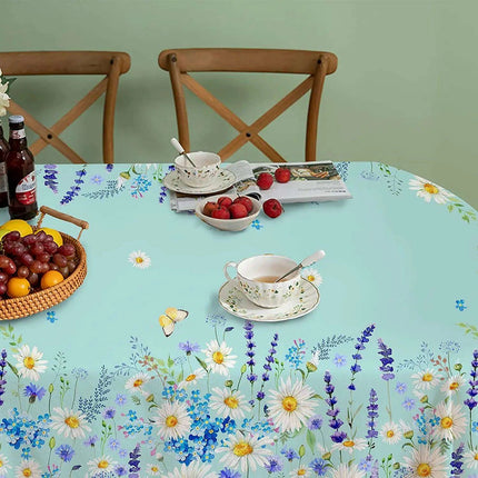 Spring Blue Daisy Butterfly Design Waterproof Rectangle Tablecloth for Holiday Party and Kitchen Decor - Très Elite