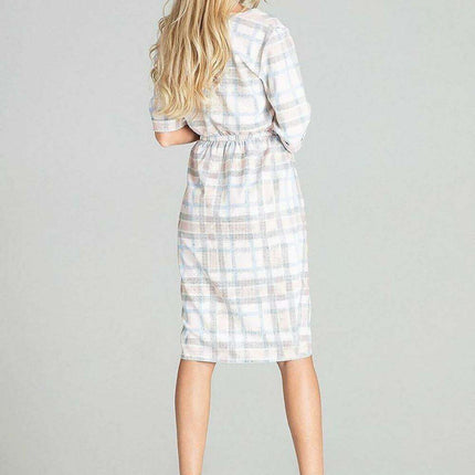 Spring-Ready Checkered Midi Dress with 3/4 Sleeves and Comfort Fit Waistband - Très Elite