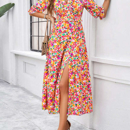 Spring and summer new holiday casual printed V-neck slit dress - Très Elite