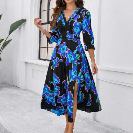 Spring and summer new holiday casual printed V-neck slit dress - Très Elite