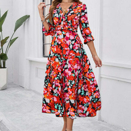 Spring and summer new holiday casual printed V-neck slit dress - Très Elite