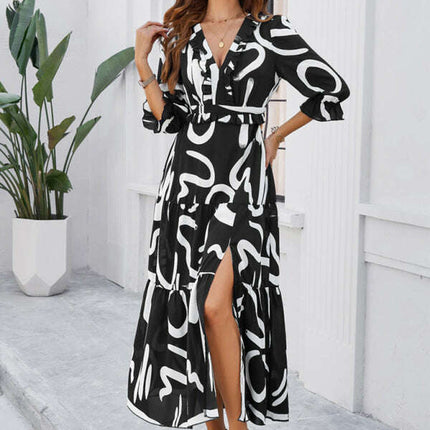 Spring and summer new holiday casual printed V-neck slit dress - Très Elite