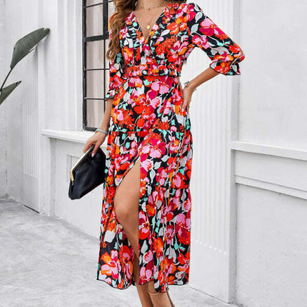 Spring and summer new holiday casual printed V-neck slit dress - Très Elite