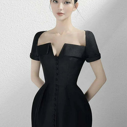 Square Neck Button-Front Short Sleeve Dress - Très Elite