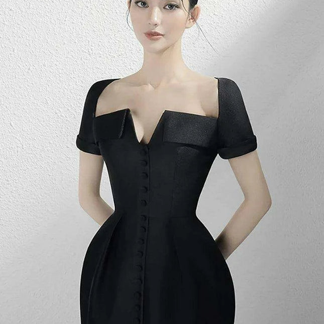 Square Neck Button-Front Short Sleeve Dress