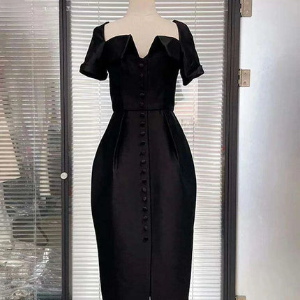 Square Neck Button-Front Short Sleeve Dress - Très Elite