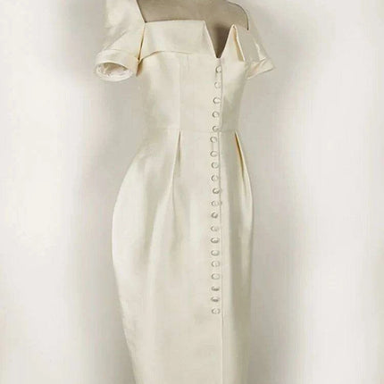 Square Neck Button-Front Short Sleeve Dress - Très Elite