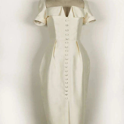 Square Neck Button-Front Short Sleeve Dress - Très Elite