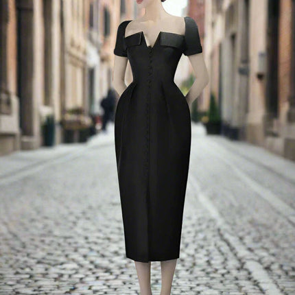 Square Neck Button-Front Short Sleeve Dress - Très Elite