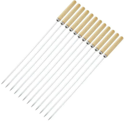 Stainless Steel BBQ Skewers with Ergonomic Wooden Handles for Perfect Grilling..