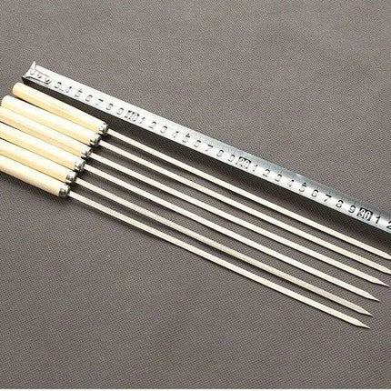Stainless Steel BBQ Skewers with Ergonomic Wooden Handles for Perfect Grilling..