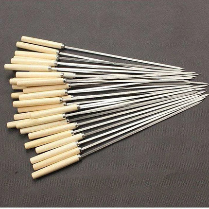 Stainless Steel BBQ Skewers with Ergonomic Wooden Handles for Perfect Grilling..