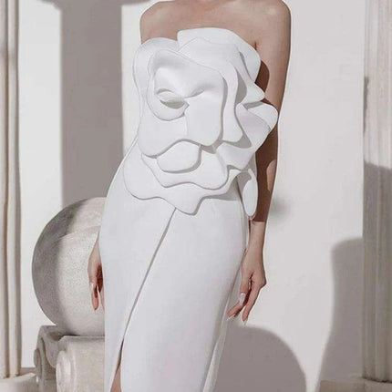 Strapless Evening Gown with 3D Floral Embellishments and Side Slit - Solid Color Zipper Style - Très Elite