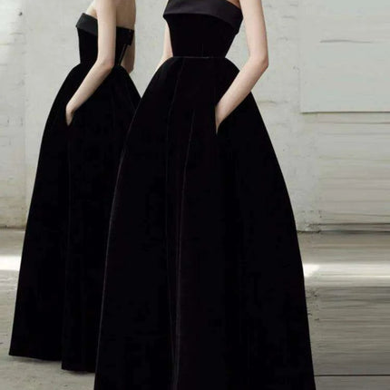 Strapless High Waist Velvet Pleated Evening Gown for Women - Très Elite