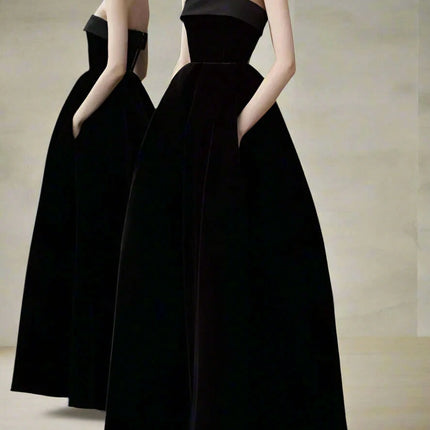 Strapless High Waist Velvet Pleated Evening Gown for Women - Très Elite
