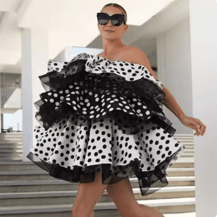 Strapless Polka Dot Mini Dress - Elegant Above Knee Cocktail Gown for Special Occasions - Très Elite
